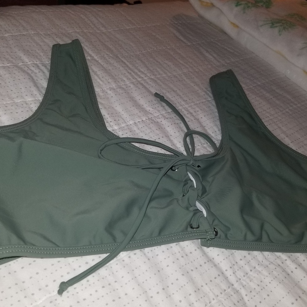 Olive Green lace up Swimsuit top 2X